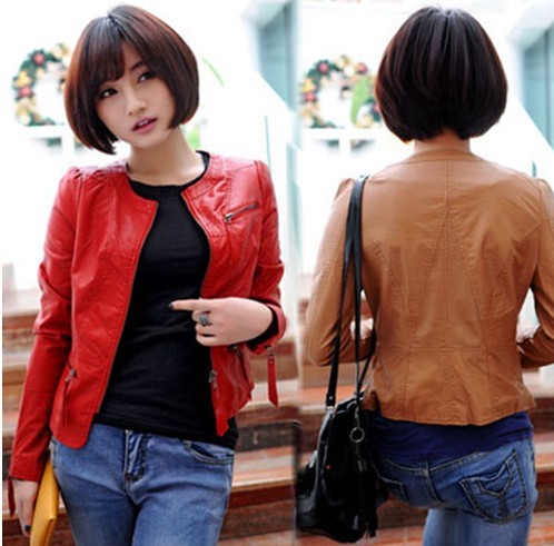 Free Shipping! 2013 Spring Women Zipper Cutout O-neck Full Lace Lining long-sleeve Water Washed Leather Clothing Jackets P6875U