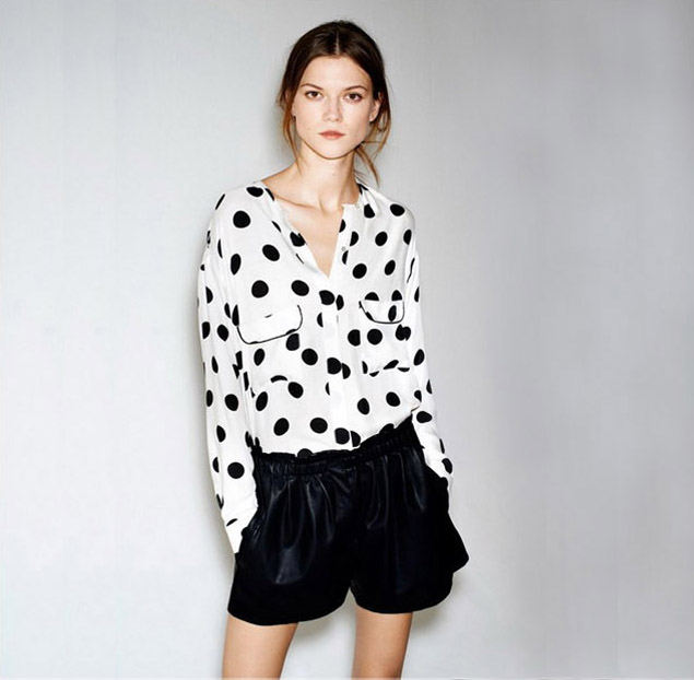 Free shipping 2013 spring za fashion big polka dot turn-down collar long-sleeve large pocket shirt female