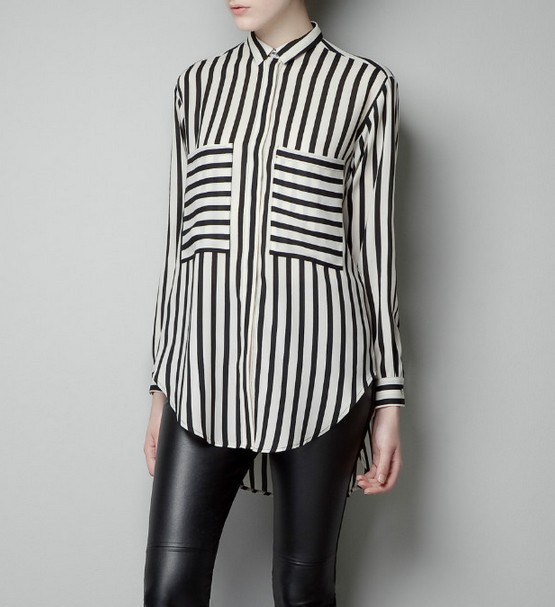 free shipping 2013 spring ZAR* large pockets and short in front long striped chiffon shirt aso* ft067