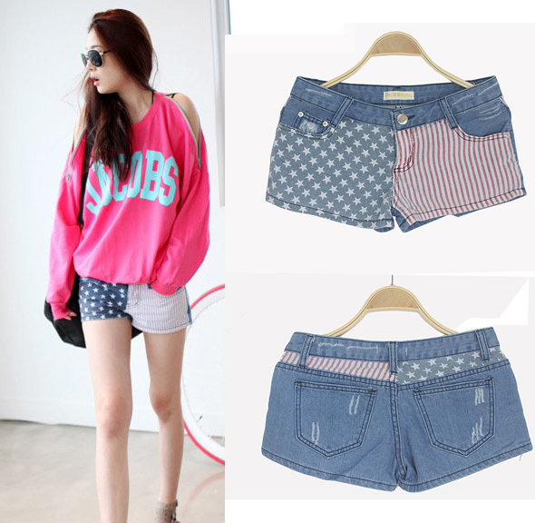 Free shipping, 2013 Stars and Stripes puzzle low-waist fashion denim shorts 9877