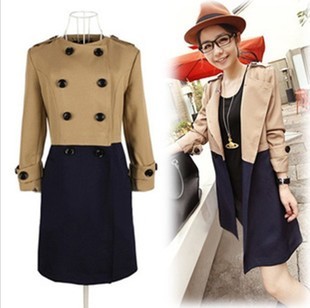 Free shipping 2013 Submissively clothing fashion color block  autumn medium-long double breasted trench color block decoration