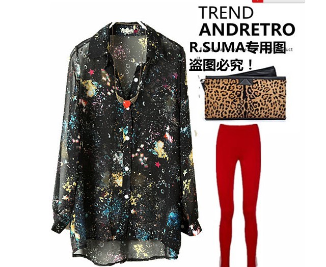 FREE SHIPPING!!!2013 SUMANew  retro street shooting a fashionable loose dovetail Galaxy fireworks chiffon shirt