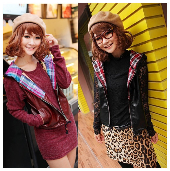 Free Shipping 2013 summer 5232 double zipper front fly grid cloth leather hooded vest outerwear 888