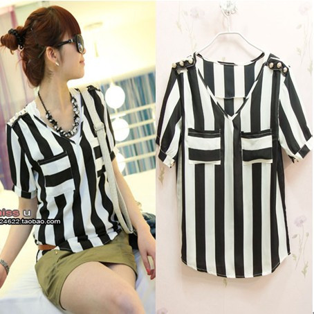 Free Shipping 2013 summer 9106 casual all-match belt vertical stripe shirt