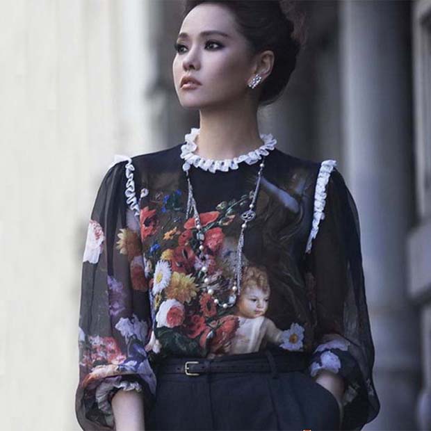 Free shipping 2013 summer and spring Fashion women's vintage oil painting print lace decoration silk top shirt