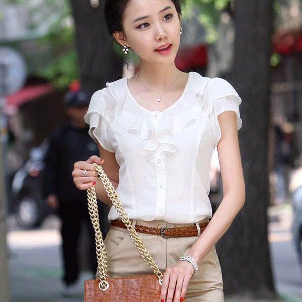 Free shipping 2013 summer Chiffon shirts for Women, sweet gentlewomen chiffon Blouses short-sleeve ,  MP899 S M L XL XXL