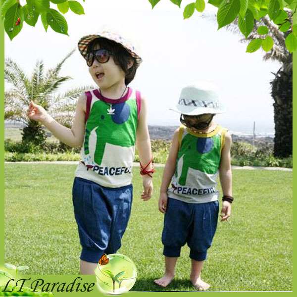 Free Shipping 2013 Summer Children Clothing Set Fashion Boys and Girls Camisoles + Short Pants Set Basic Shirt 5sets/lot