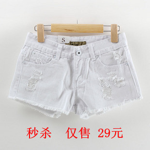 Free Shipping 2013 summer fashion all-match hole plus size white denim shorts pants