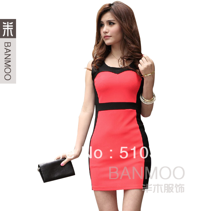 Free Shipping  2013 Summer Fashion Sexy Color Matching Sleeveless Slim-fitting Women dresses 2692FWG