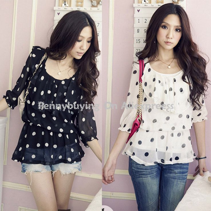 Free Shipping 2013 Summer Fashion Woman Black White Chiffon Shirt Women Polka Dot Print Tops OL Office Lady Ruffle Casual Blouse