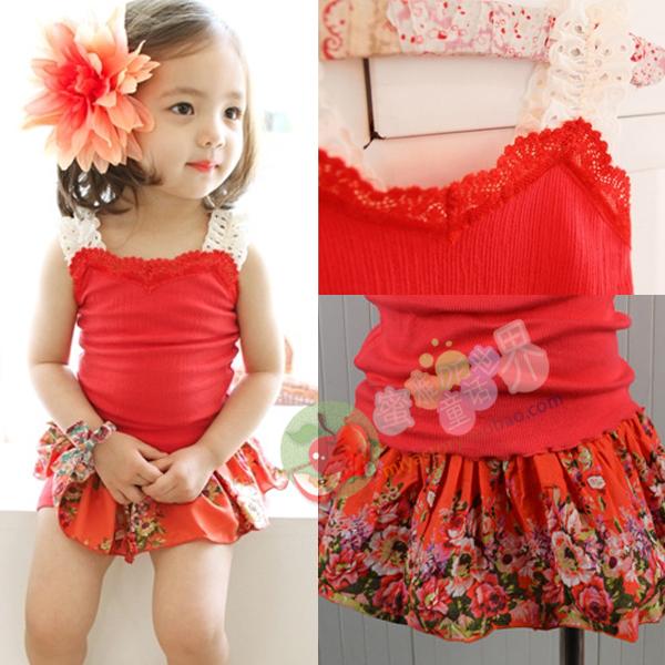 Free shipping 2013 summer girls clothing lovely lace spaghetti strap vest print culottes twinset