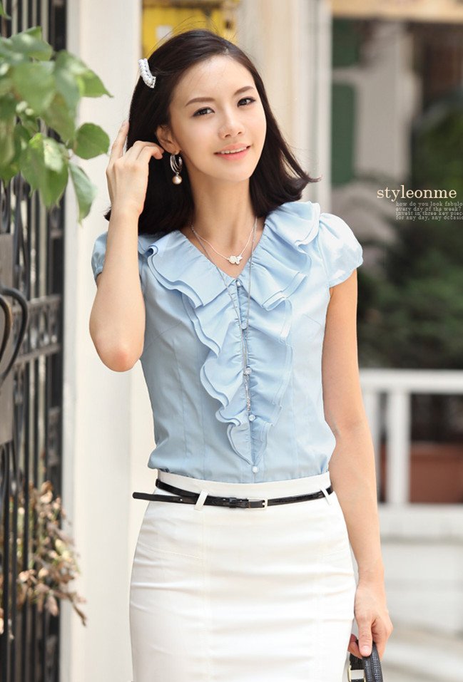 Free shipping 2013 Summer Korean Ruffled collar slim short sleeve blouses women W228