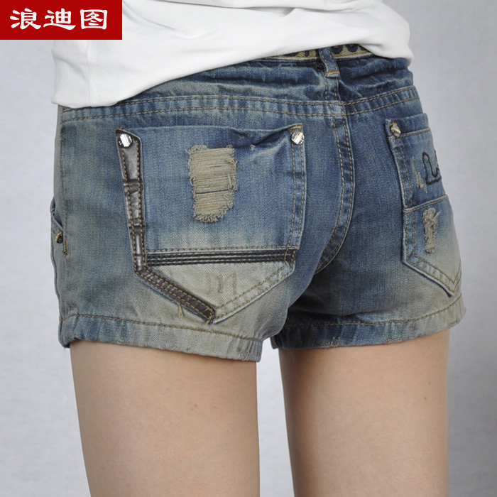 Free shipping 2013 summer  loose hem rolled up  middle waist women denim shorts