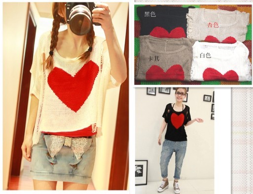 Free Shipping 2013 summer Love red 6194 pliableness draw wire hole sweater 888