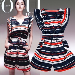 Free Shipping 2013 summer New Arrival women's jumpsuit skirt navy Ruffle Decoration Ladies' stripe Jumpsuits(M/L)130327#11