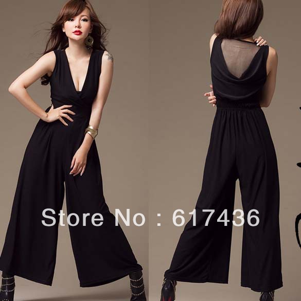 Free shipping 2013 summer new women fashion sexy back drape gauze wide trousers pants jumpsuit romper overall W3466