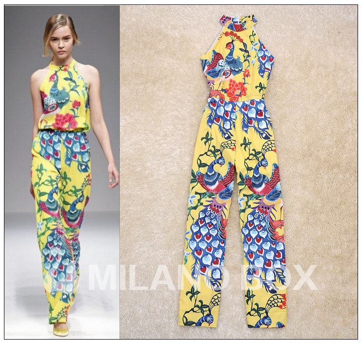 Free shipping 2013 Summer Newest Runway Fashion Peacock Printing Sexy Halter Wide Leg Women's Jumpsuit Rompers Long RD130127