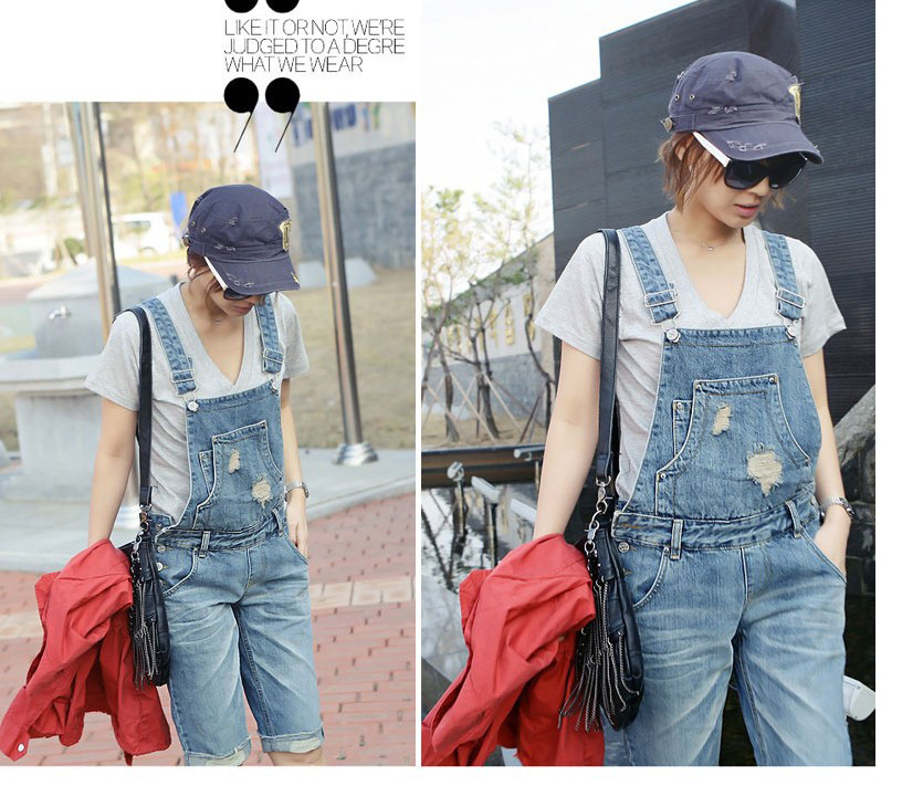 Free shipping, 2013 summer professional distrressed water wash denim bib pants capris 9879