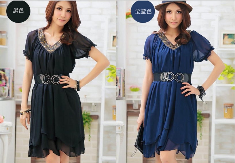 Free Shipping 2013 Summer Short-Sleeve Beading  Maxi Size Women Vintage Dress+belt women dresses 2013 fashion XL XXL XXXL XXXXL