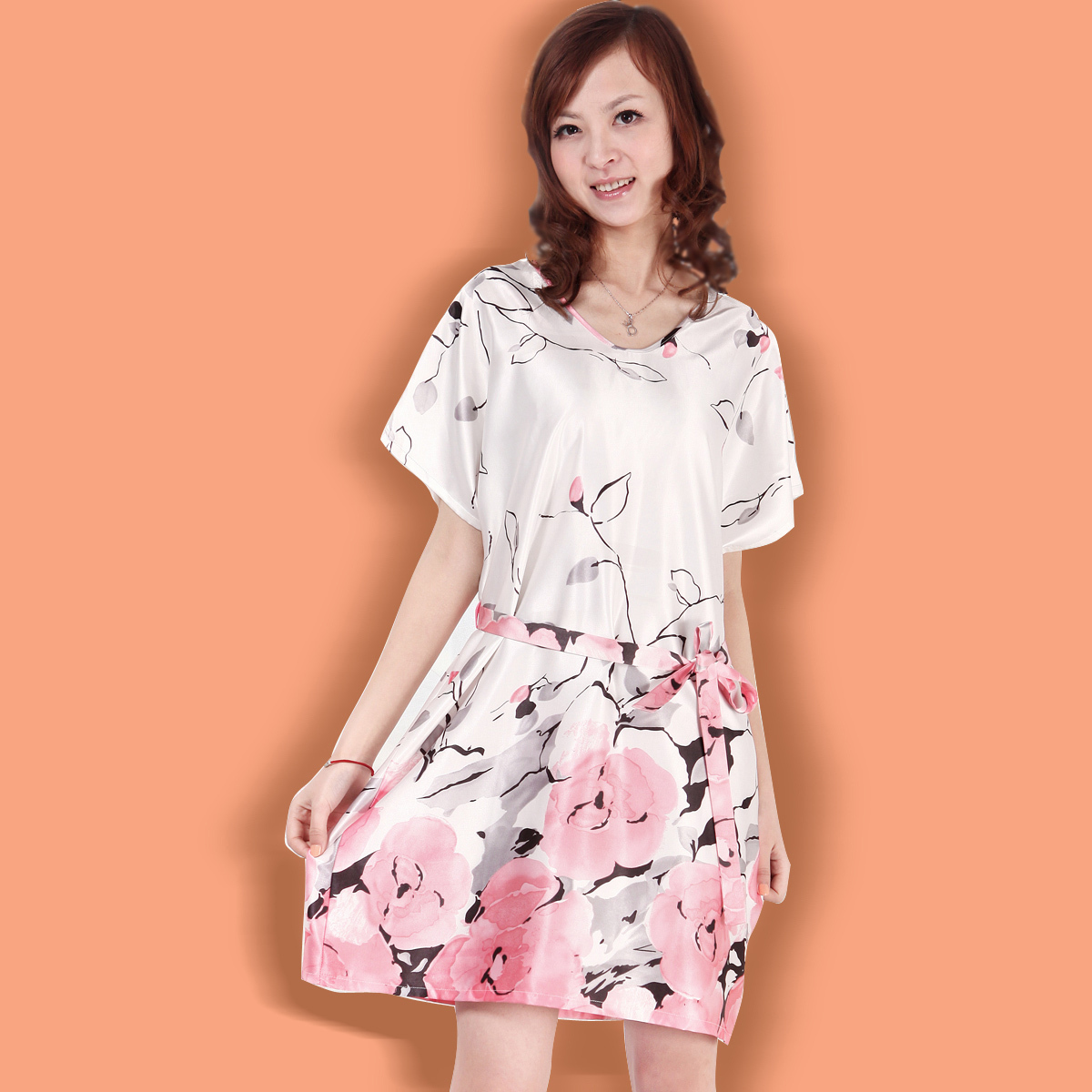 free shipping 2013 summer short-sleeve plus size sexy faux silk nightgown casual women's sleepwear ink