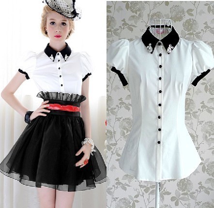 Free Shipping 2013 Summer Short-Sleeve Women's vintage fashion Rhineston turn-down slim shirt 6124, new causul blouses wholesale