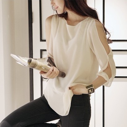 free shipping 2013 summer strapless cutout long-sleeve irregular chiffon shirt t-shirt top white