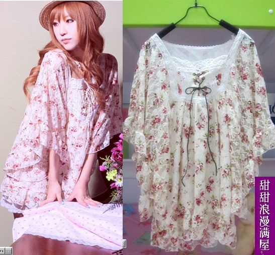 Free Shipping 2013 summer women's 131640 sweet rose batwing sleeve lace shirt