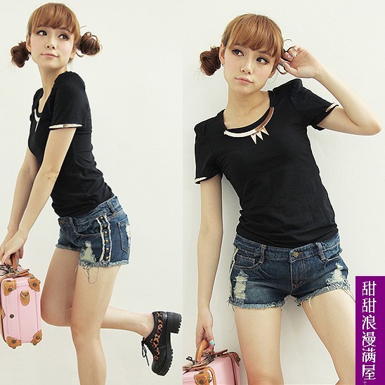 Free Shipping 2013 summer women's 377610 distrressed retro rivet finishing moben denim shorts