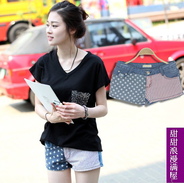 Free Shipping 2013 summer women's 377789 puzzle low-waist fashion denim shorts