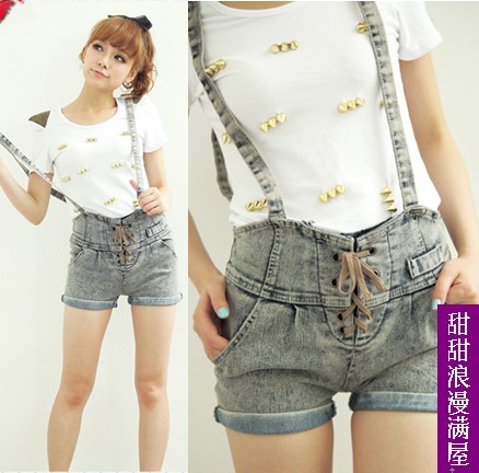 Free Shipping 2013 summer women's 3781680 casual denim one-piece shorts bib pants