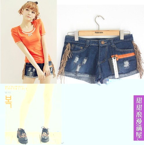 Free Shipping 2013 summer women's 3787990 deerskin retro tassel distrressed finishing roll up hem denim shorts