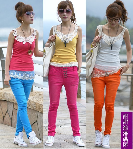 Free Shipping 2013 summer women's 379200 multi-button casual slim colored pencil pants denim trousers