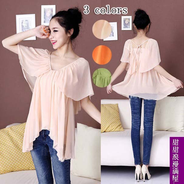 Free Shipping 2013 summer women's 456651 ruffled pleated sleeve V-neck the back lacing chiffon elegant shirt