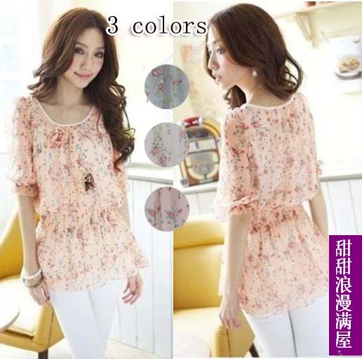 Free Shipping 2013 summer women's 5018908 corsage romantic elastic waist chiffon short-sleeve shirt