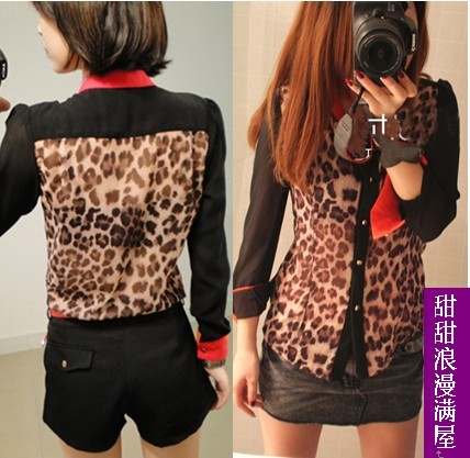 Free Shipping 2013 summer women's 51456 fashion elegant leopard print color block chiffon shirt long-sleeve shirt