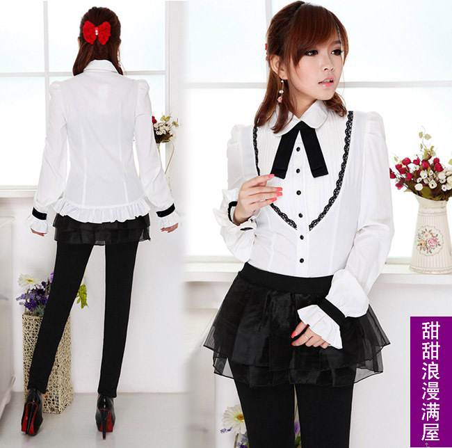 Free Shipping 2013 summer women's 5225001 preppy style bow tie pressure pleated slim long-sleeve shirt white shirt