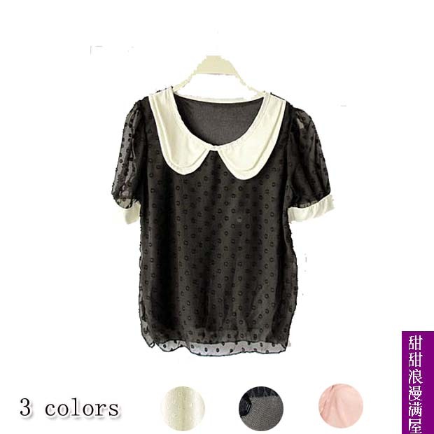 Free Shipping 2013 summer women's 538528 sweet double layer peter pan collar short-sleeve chiffon polka dot shirt