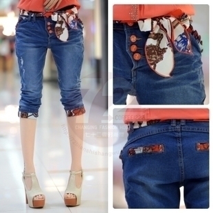 Free Shipping 2013 summer women's 80740 slim ribbon roll-up hem denim capris