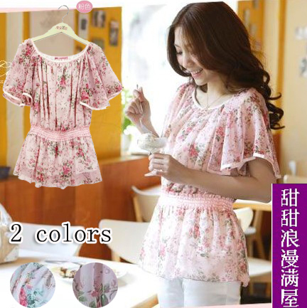 Free Shipping 2013 summer women's 860141 wave sleeve sweet rustic slim waist chiffon shirt