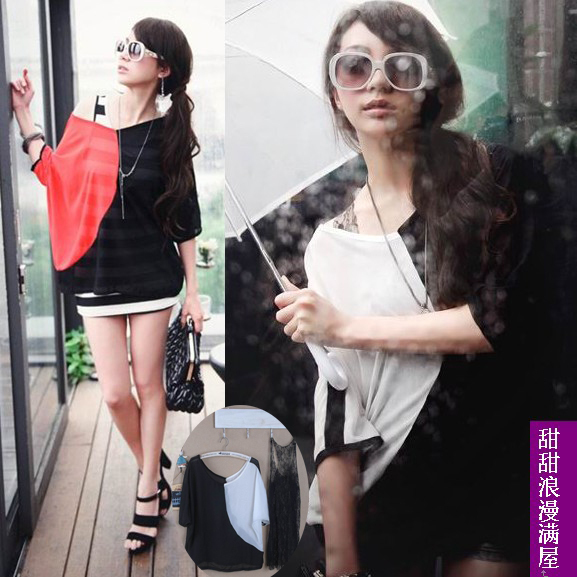 Free Shipping 2013 summer women's 86034 casual loose slit neckline color block decoration chiffon shirt lace vest