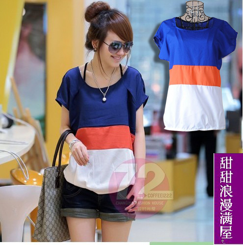 Free Shipping 2013 summer women's 861441 casual all-match candy color block stripe short-sleeve T-shirt decoration