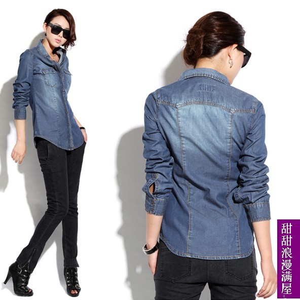 Free Shipping 2013 summer women's 875888 thick slim elastic long-sleeve denim shirt