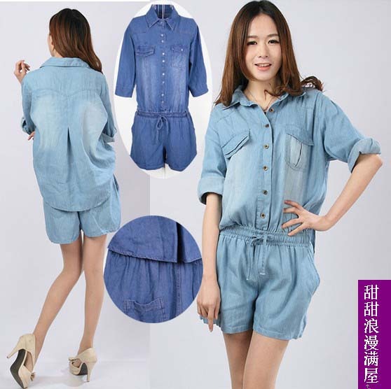 Free Shipping 2013 summer women's 878188 fashion casual loose denim jumpsuit shorts jumpsuit wholesale