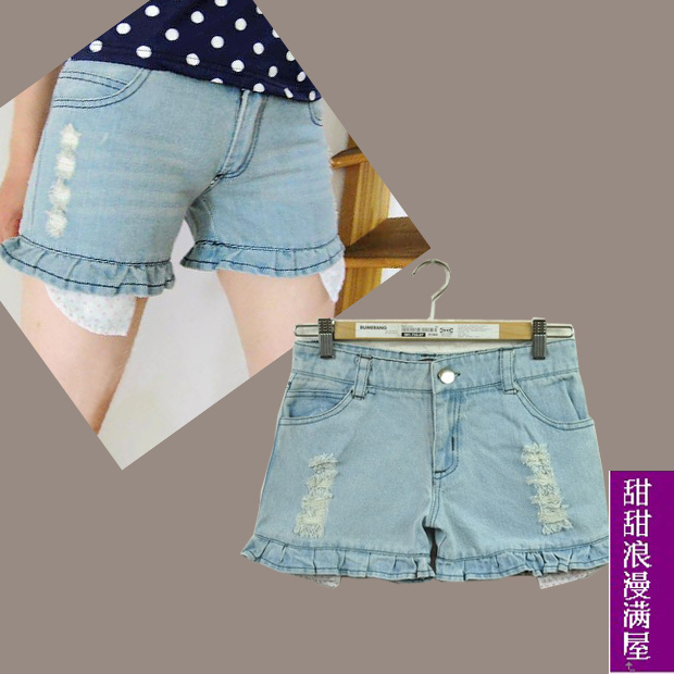 Free Shipping 2013 summer women's 887898 ruffle hole gel pocket light blue denim shorts