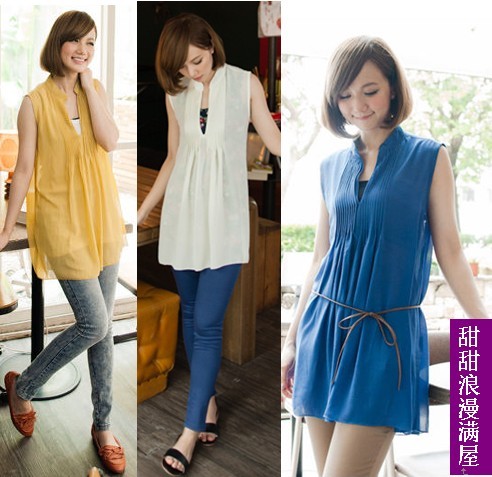 Free Shipping 2013 summer women's 893103 pressure pleated casual solid color sleeveless chiffon shirt top belt