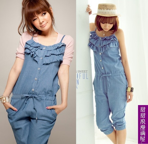 Free Shipping 2013 summer women's 9152 ruffle collar denim jumpsuit