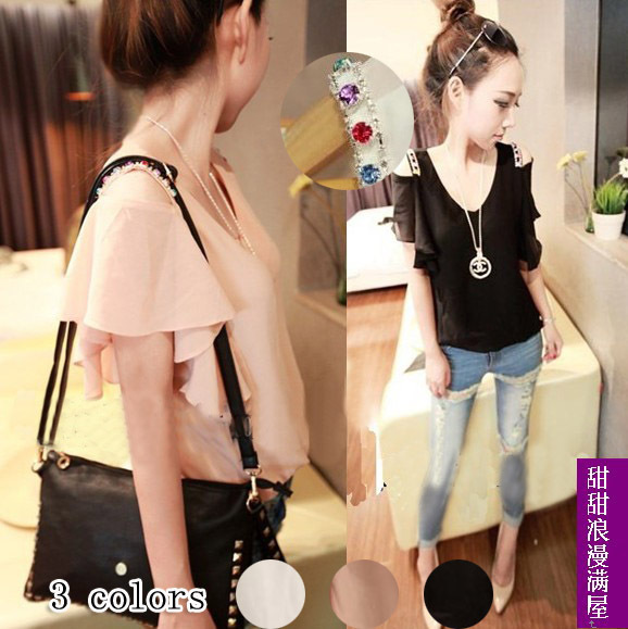 Free Shipping 2013 summer women's 93773 sweet all-match diamond strapless lotus leaf short-sleeve chiffon shirt