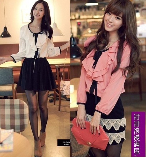 Free Shipping 2013 summer women's 97020 ruffle bow puff sleeve long-sleeve chiffon shirt