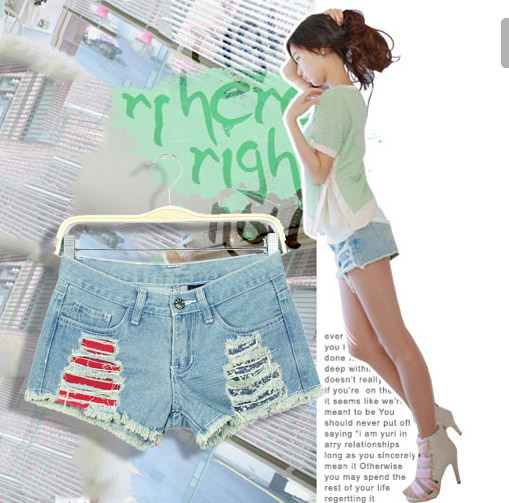 Free Shipping 2013 summer women's a0929 casual personality light blue denim shorts hole moben shorts