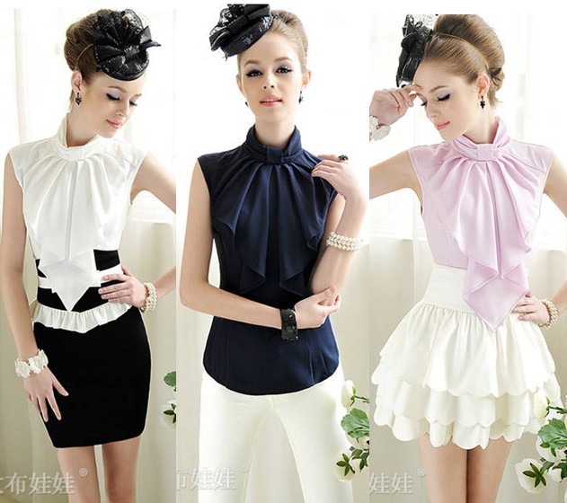 Free Shipping 2013 summer women's a118 elegant ol bow stand collar sleeveless chiffon shirt